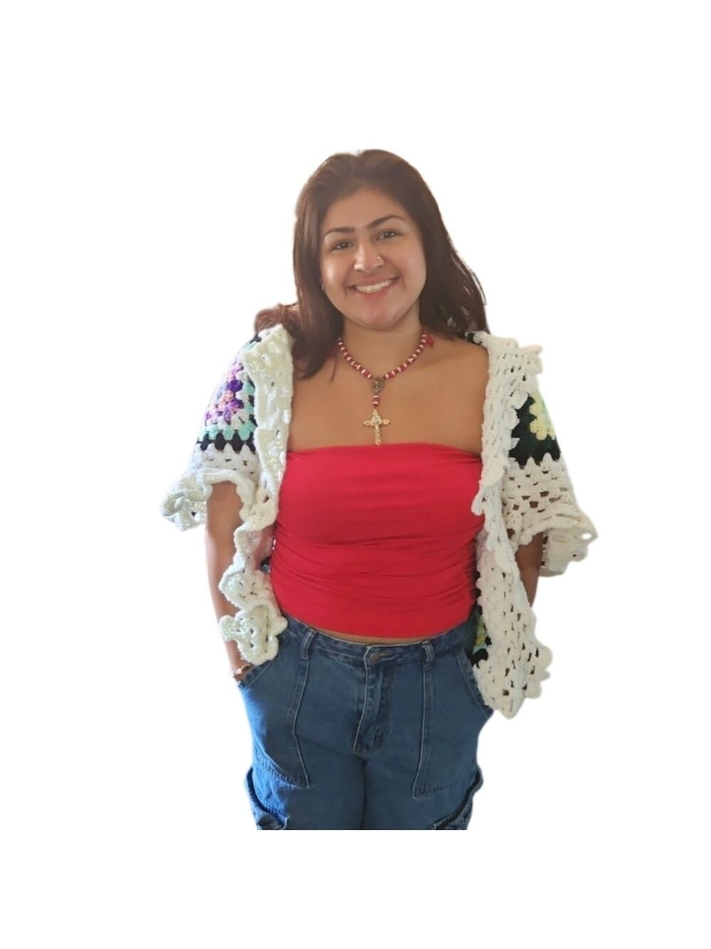 Hand Crafted Crochet Granny Square Cardigan open front Hooded Colorfull Sweater - Picture 3 of 17